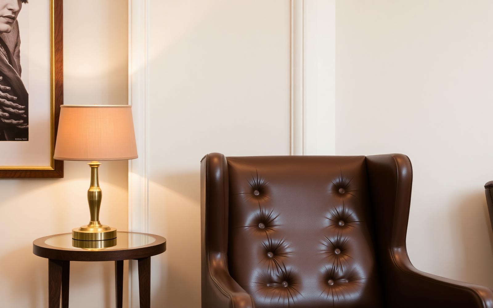 Tufted leather wingback chair and brass lamp in a premium showroom